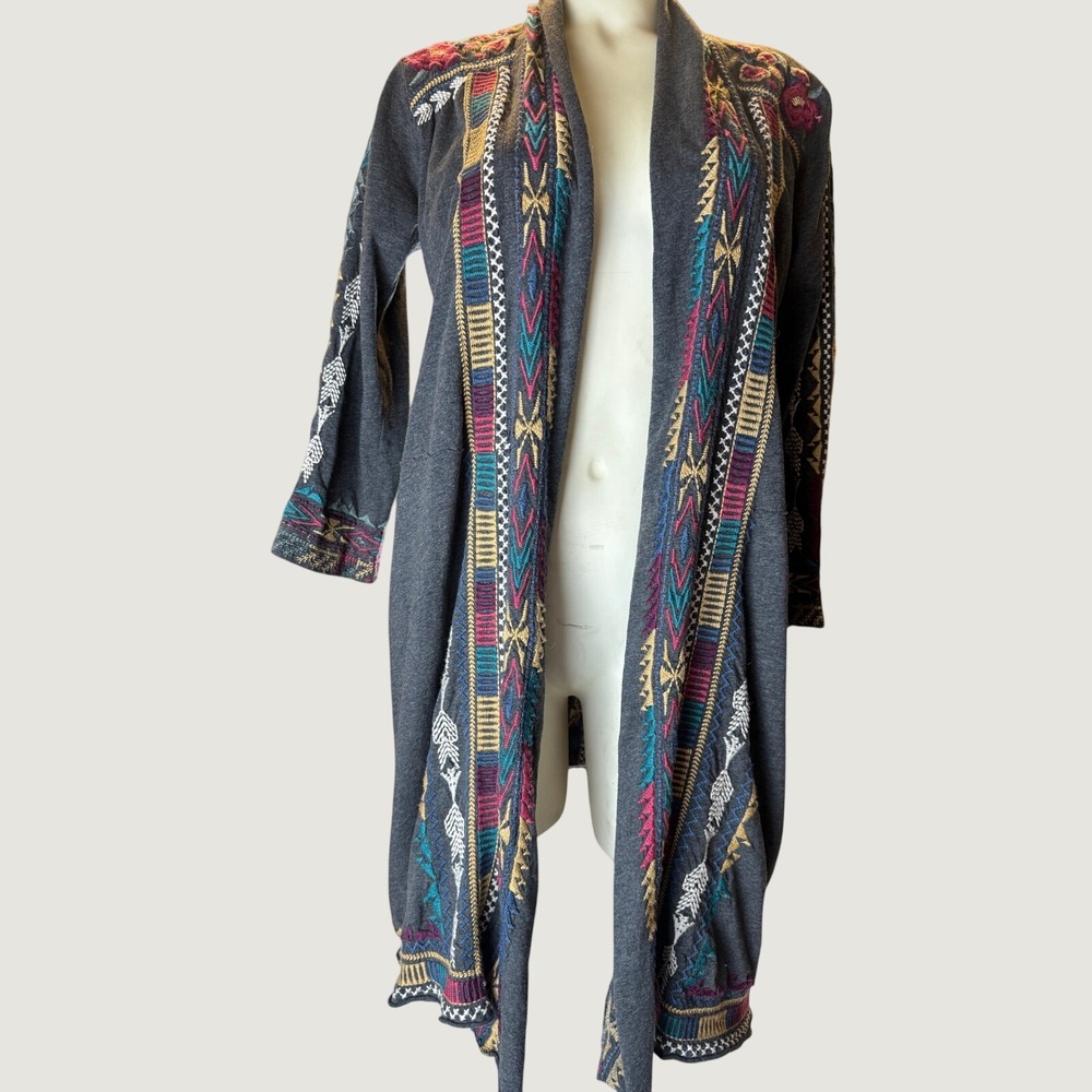 Johnny Was JWLA Embroidered Long Duster Cardigan Charcoal Gray Small